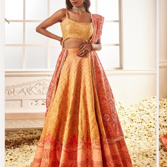 Vibrant Yellow and Pink A-Line Lehenga - Picture 1 of 4